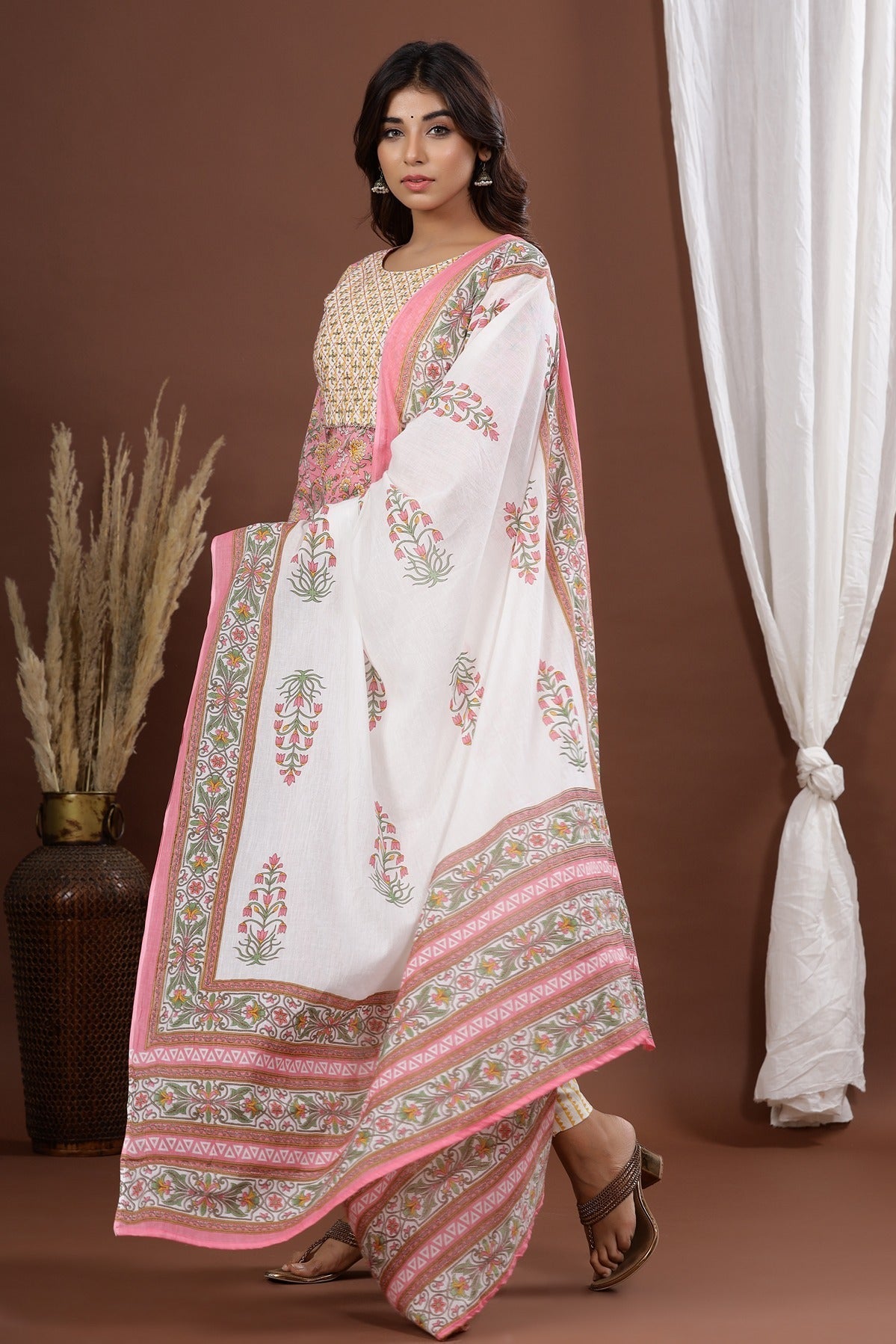 Pink Printed Dupatta Set-Yufta Store-9046SKDPKS