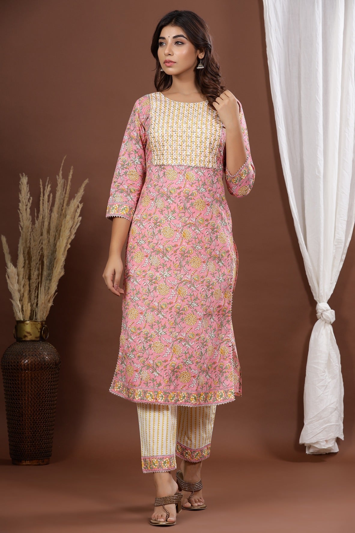 Pink Printed Dupatta Set-Yufta Store-9046SKDPKS