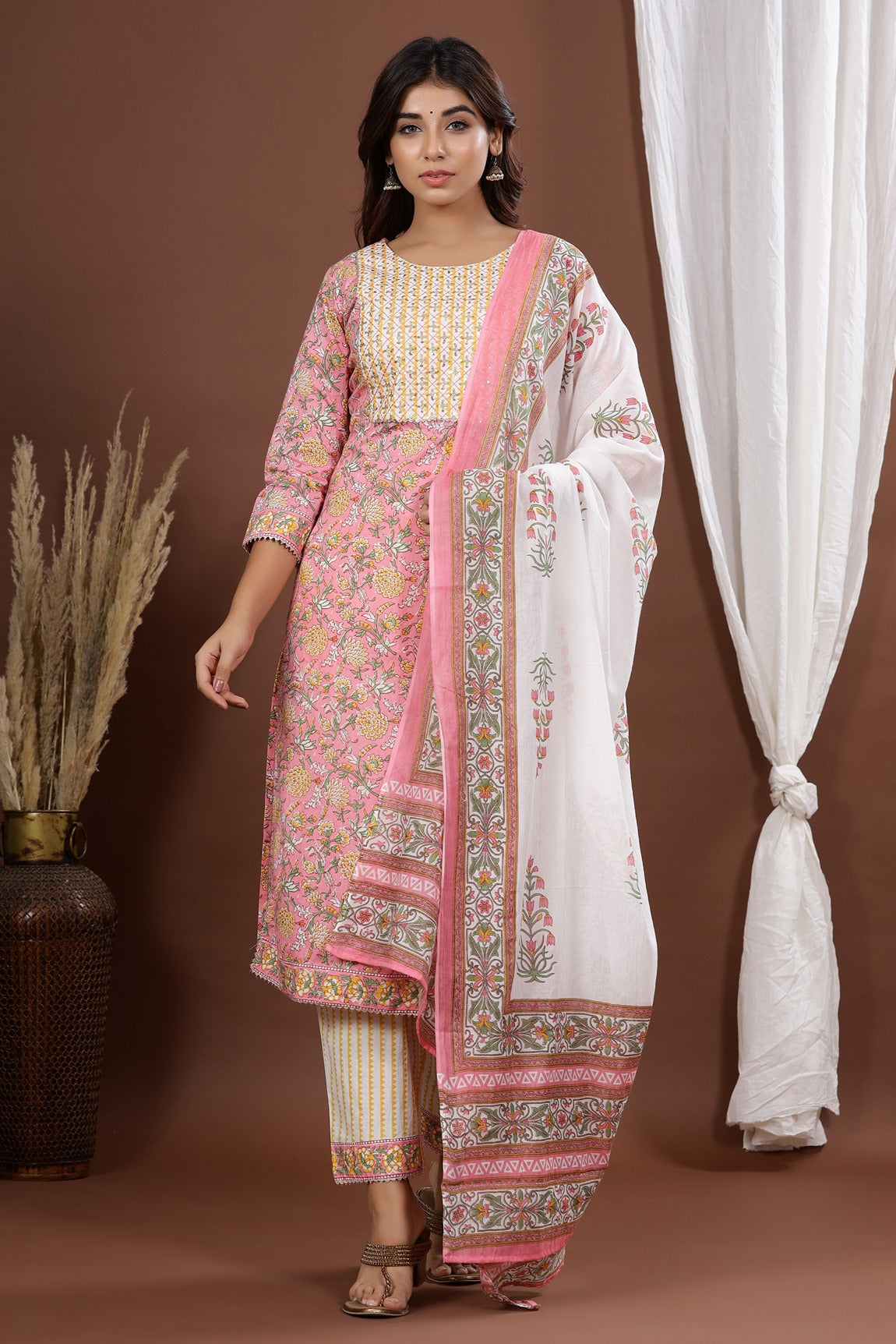 Pink Printed Dupatta Set-Yufta Store-9046SKDPKS