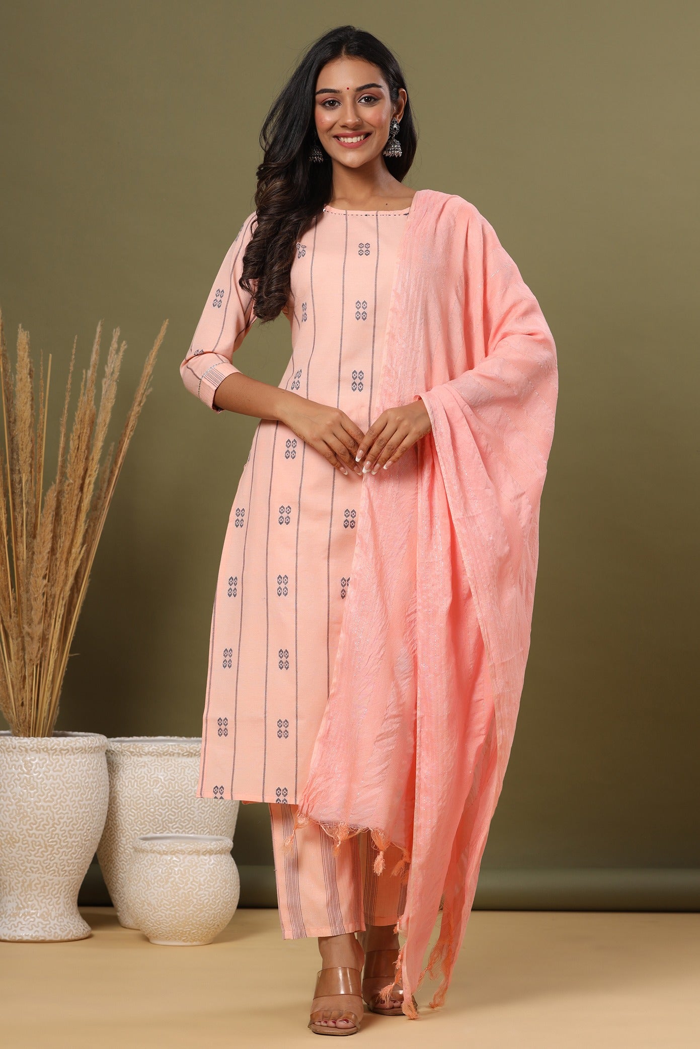 Pink Printed Dupatta Set-Yufta Store-9668SKDPCS