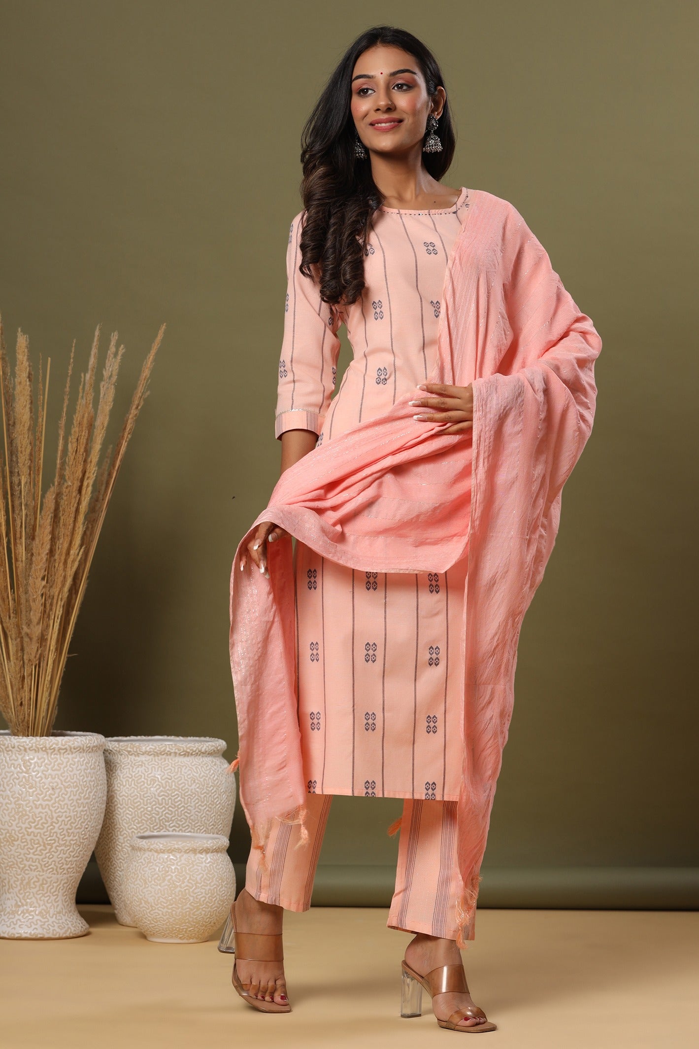 Pink Printed Dupatta Set-Yufta Store-9668SKDPCS