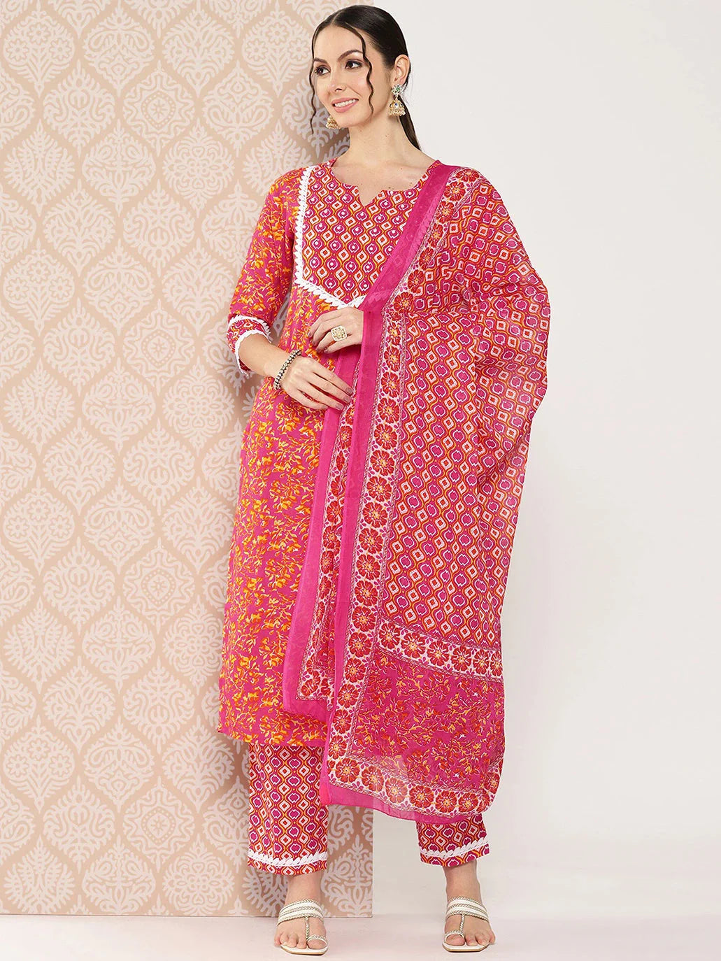 Pink Printed Regular Sequinned Pure Cotton Kurta with Trousers & Dupatta Set-Yufta Store-1346SKDPKS