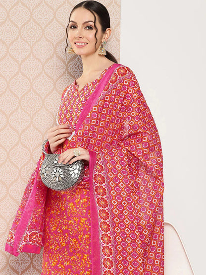 Pink Printed Regular Sequinned Pure Cotton Kurta with Trousers & Dupatta Set-Yufta Store-1346SKDPKS