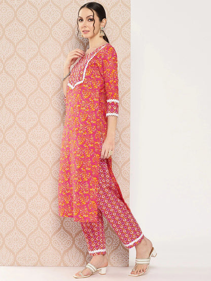 Pink Printed Regular Sequinned Pure Cotton Kurta with Trousers & Dupatta Set-Yufta Store-1346SKDPKS