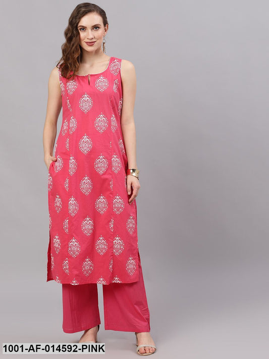 Pink & Silver Khari Print Kurta With Solid Palazzo Orchids Boutique