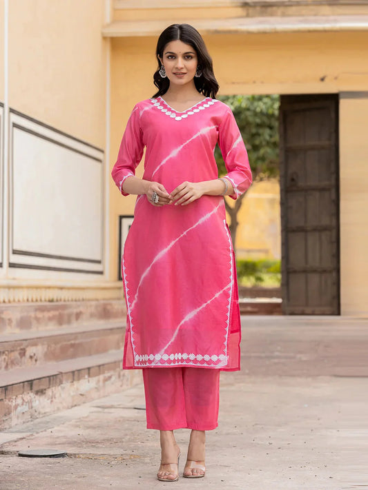 Pink Tie Dye Lace-Work Yoke And Border Straight Kurta And Trouser Set-Yufta Store-1730SETPKS