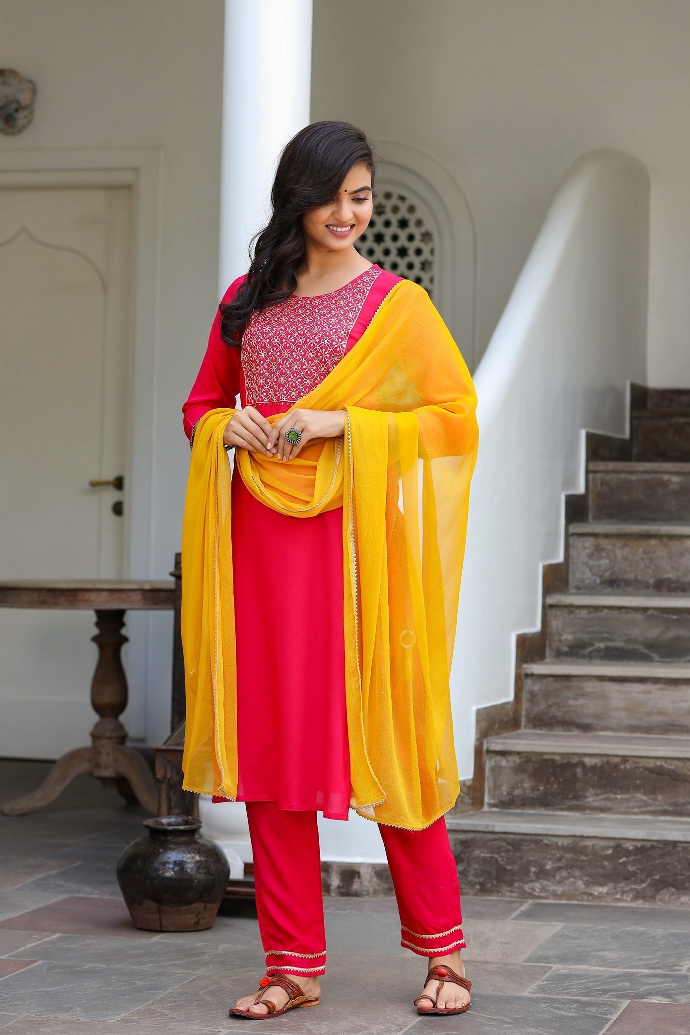 Pink & Yellow Dupatta Set-Yufta Store-2201SKDPKS