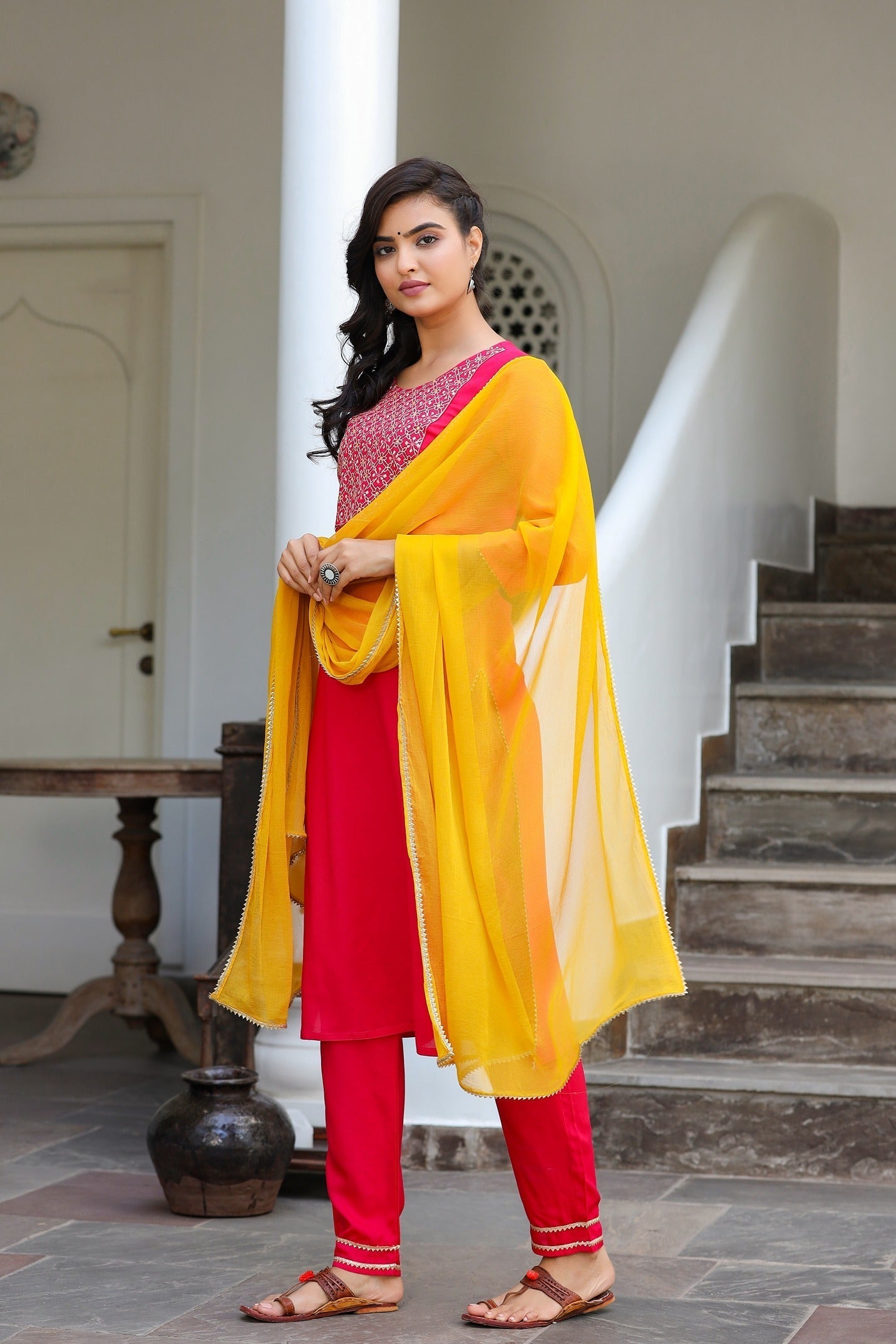 Pink & Yellow Dupatta Set-Yufta Store-2201SKDPKS