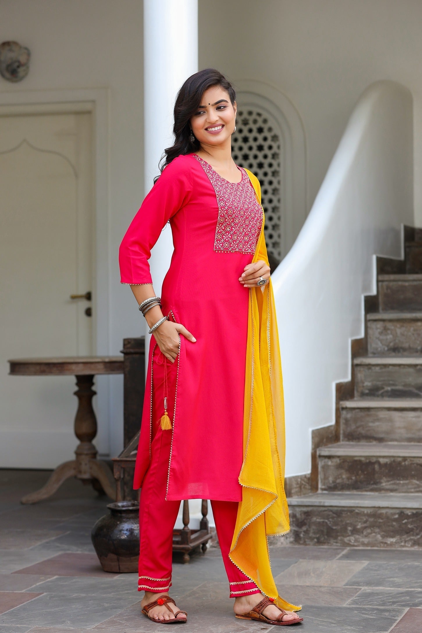 Pink & Yellow Dupatta Set-Yufta Store-2201SKDPKS