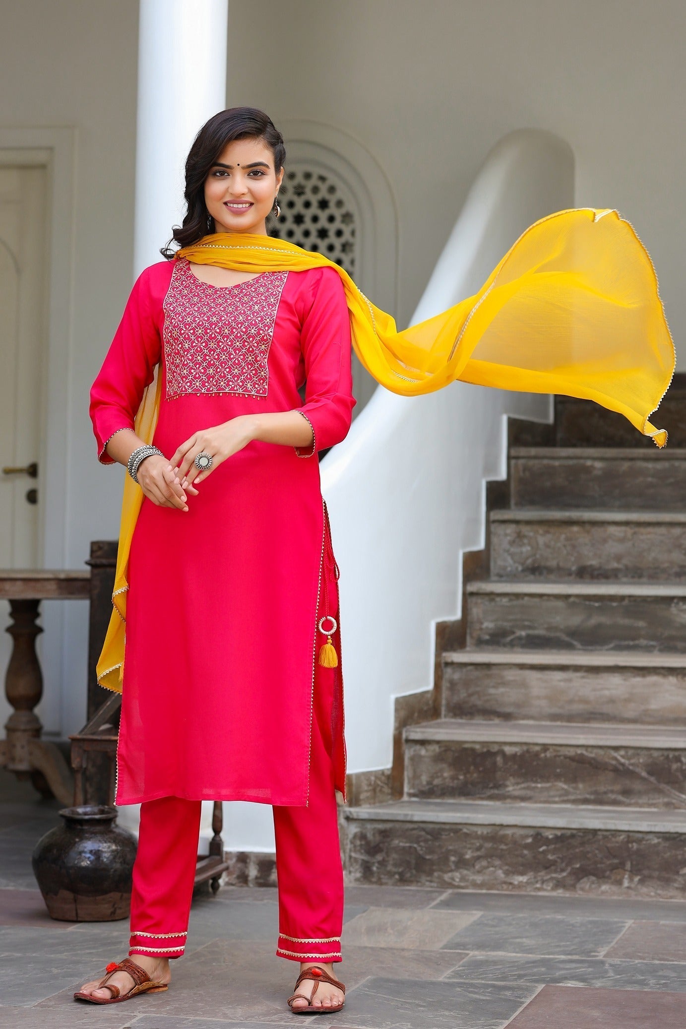 Pink & Yellow Dupatta Set-Yufta Store-2201SKDPKS