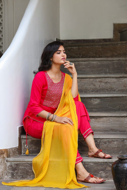 Pink & Yellow Dupatta Set-Yufta Store-2201SKDPKS