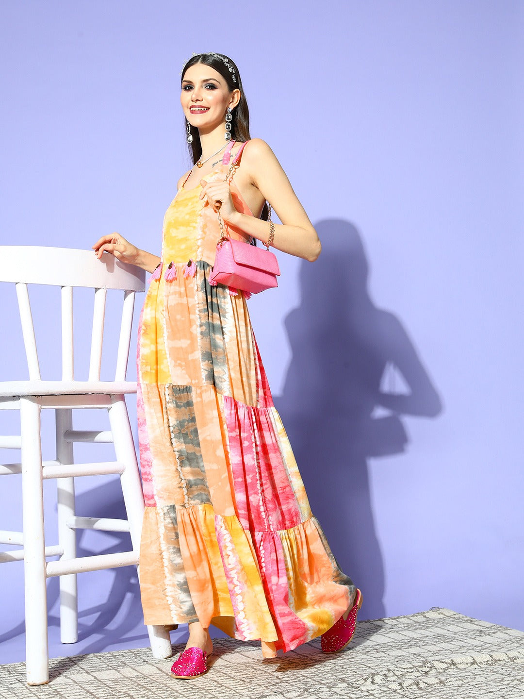 Pink & Yellow Ethnic Maxi Dress-Yufta Store-8112DRSPKS