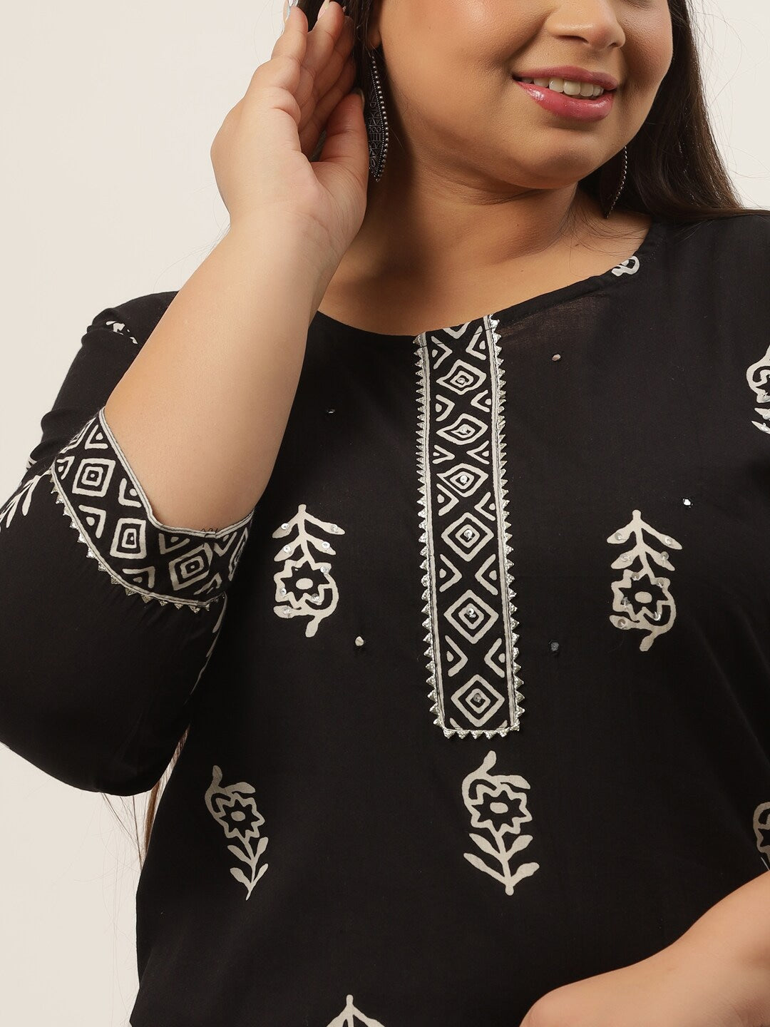 Plus Size Black Ethnic Motifs Printed Kurta-Yufta Store-9398KURPBK3XL