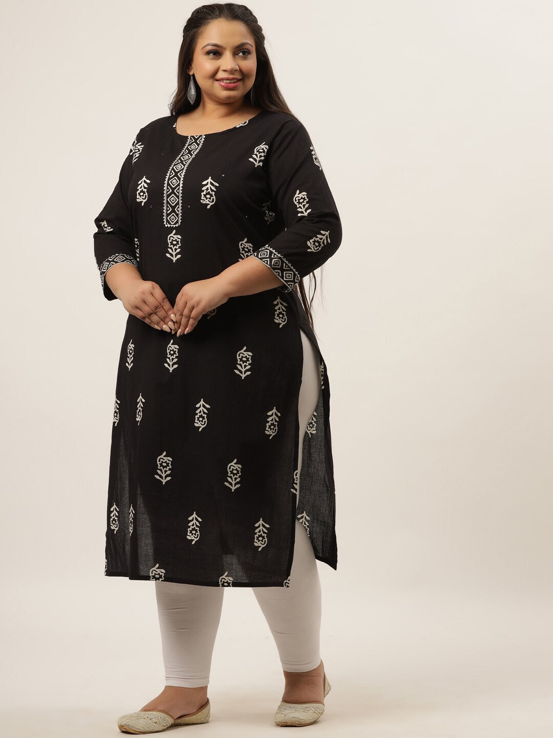 Plus Size Black Ethnic Motifs Printed Kurta-Yufta Store-9398KURPBK3XL