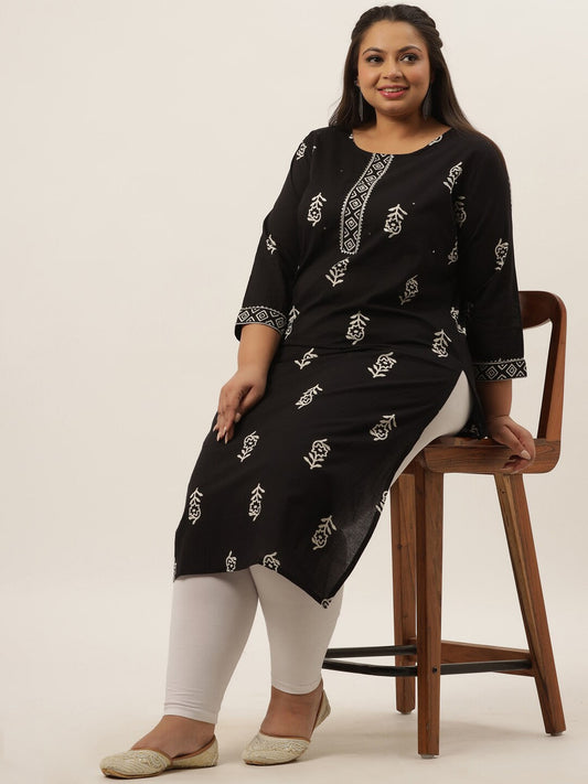 Plus Size Black Ethnic Motifs Printed Kurta-Yufta Store-9398KURPBK3XL