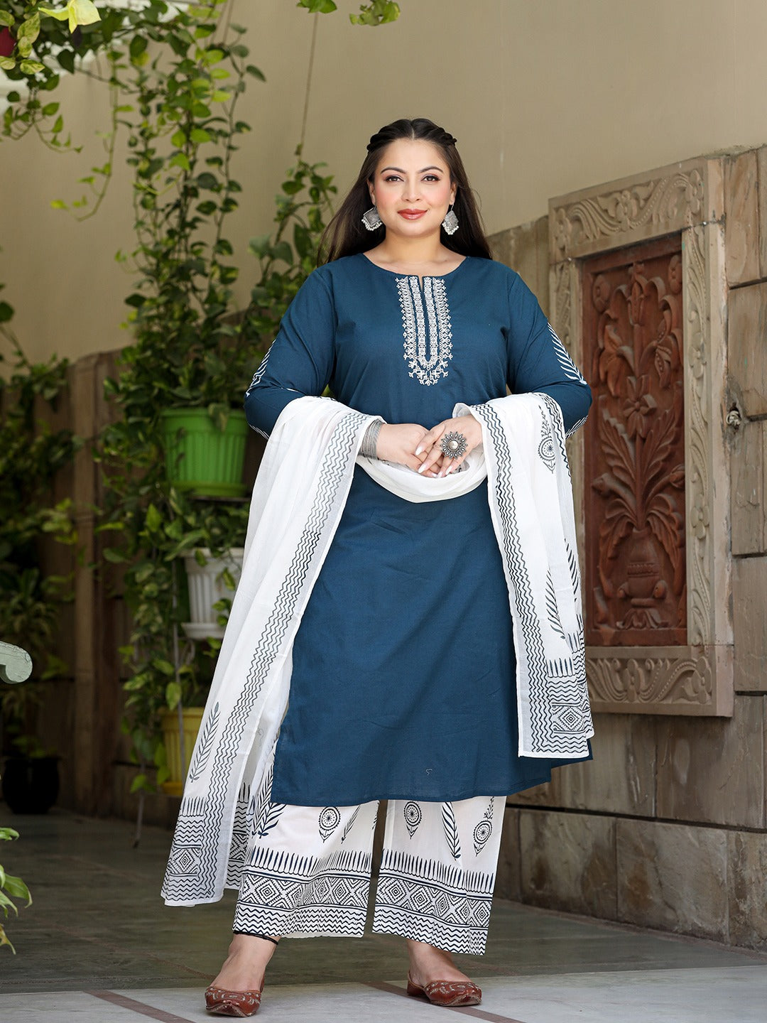 Plus Size Embroidered Cotton Kurta Dupatta Set-Yufta Store-7490PSETBL3XL