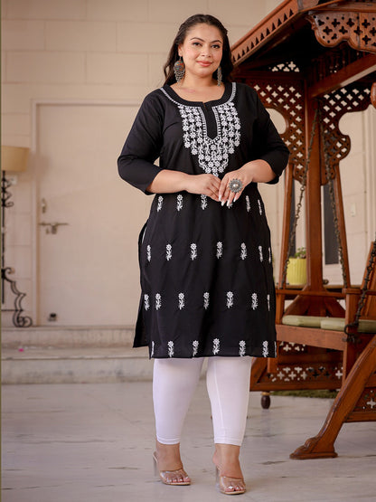 Plus Size Ethnic Motifs Chikankari Embroidered Pure Cotton Kurta-Yufta Store-1497PKURBK3XL