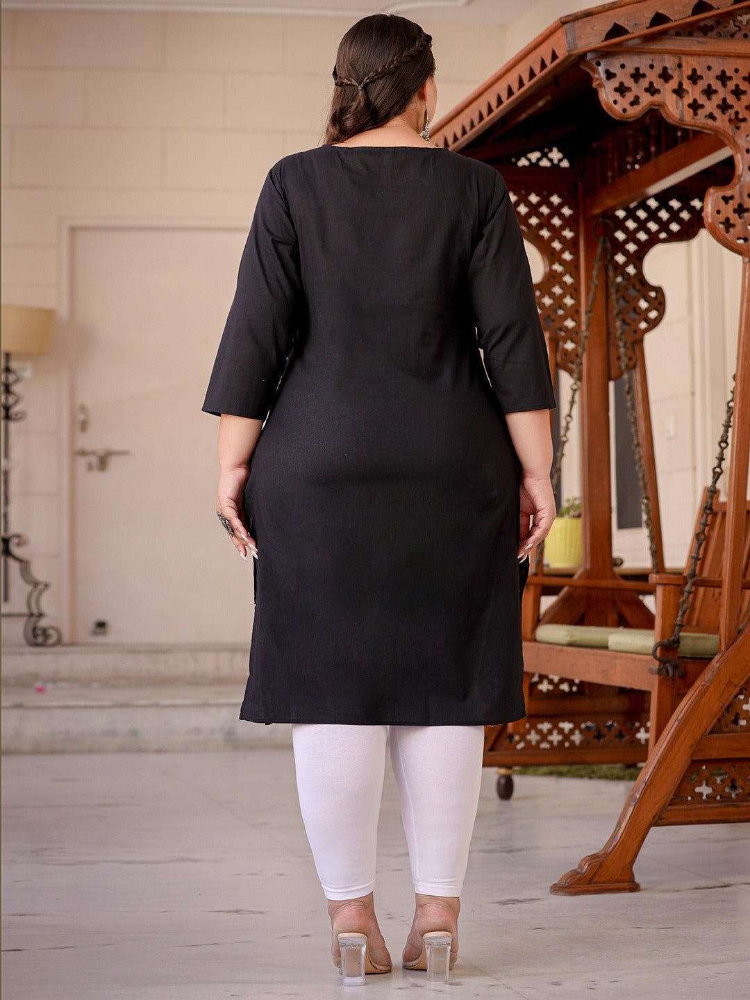 Plus Size Ethnic Motifs Chikankari Embroidered Pure Cotton Kurta-Yufta Store-1497PKURBK3XL