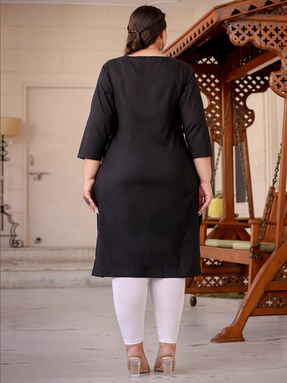 Plus Size Ethnic Motifs Chikankari Embroidered Pure Cotton Kurta-Yufta Store-1497PKURBK3XL