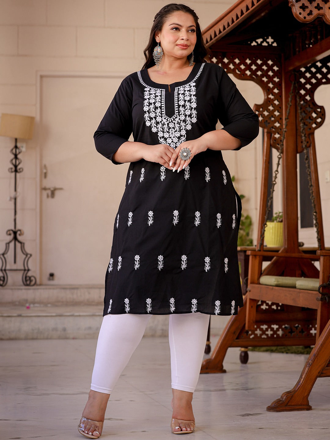 Plus Size Ethnic Motifs Chikankari Embroidered Pure Cotton Kurta-Yufta Store-1497PKURBK3XL