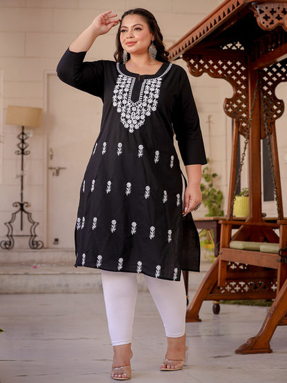 Plus Size Ethnic Motifs Chikankari Embroidered Pure Cotton Kurta-Yufta Store-1497PKURBK3XL