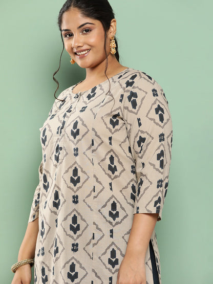 Plus Size Ethnic Motifs Printed Regular Cotton Kurta with Palazzos-Yufta Store-1555PSETBG3XL