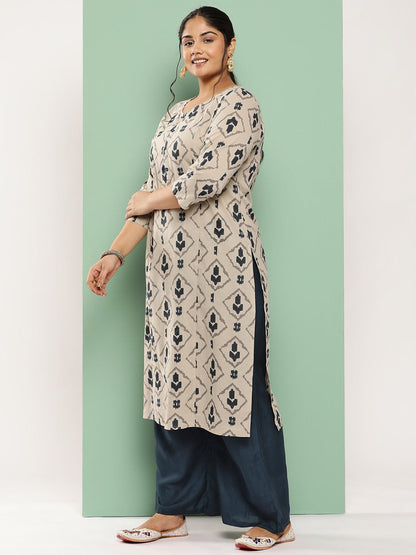 Plus Size Ethnic Motifs Printed Regular Cotton Kurta with Palazzos-Yufta Store-1555PSETBG3XL