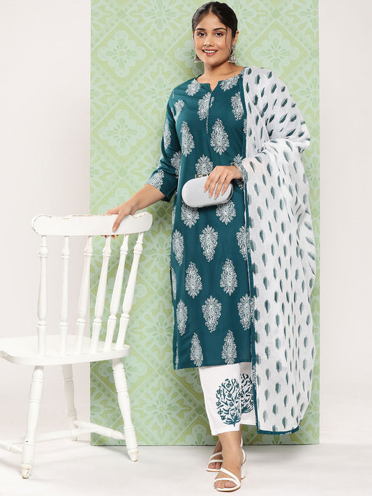 Plus Size Ethnic Motifs Printed Regular Kurta with Palazzos & Dupatta-Yufta Store-7298PSKDTG3XL