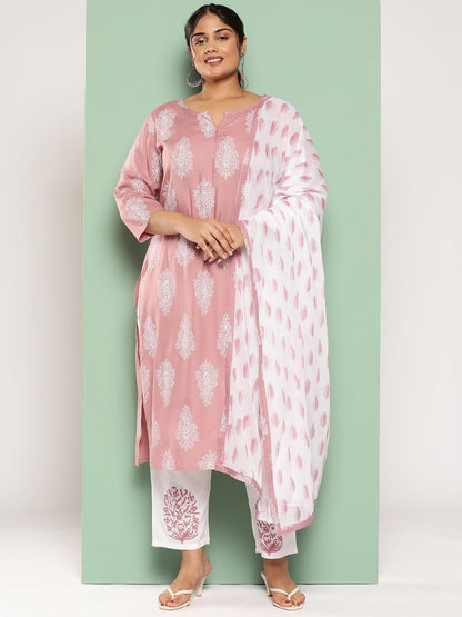 Plus Size Ethnic Motifs Printed Regular Kurta with Trousers & With Dupatta-Yufta Store-7298PSKDPR3XL