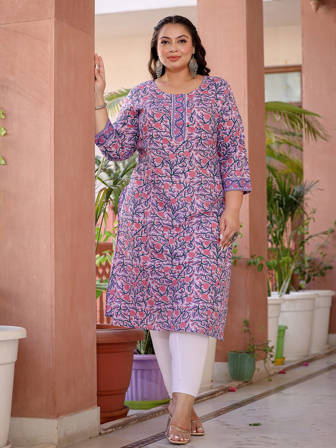 Lavender & Pink Floral Printed Plus Size Kurta-Yufta Store-8053PKURLV3XL