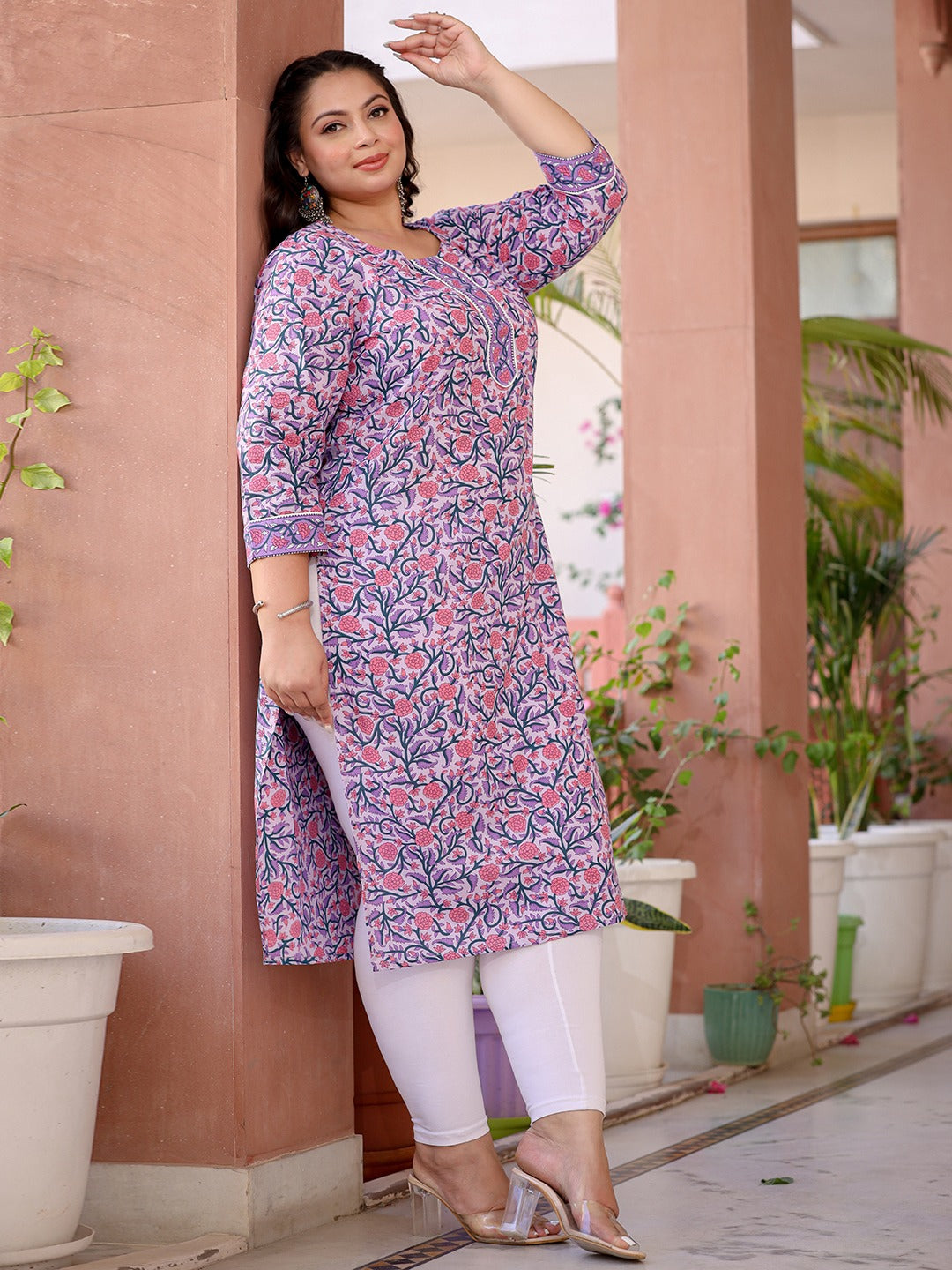 Lavender & Pink Floral Printed Plus Size Kurta-Yufta Store-8053PKURLV3XL