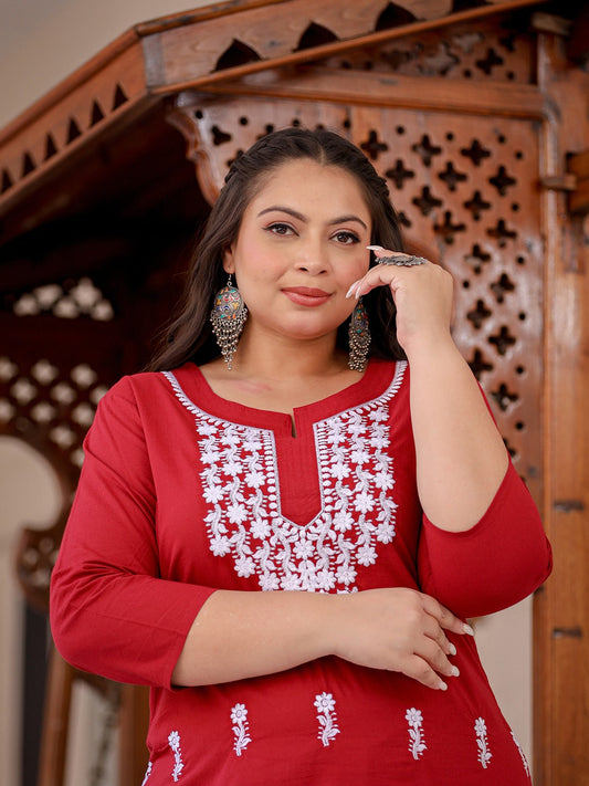 Plus Size Floral Embroidered Chikankari Pure Cotton Kurta-Yufta Store-1497PKURMR3XL