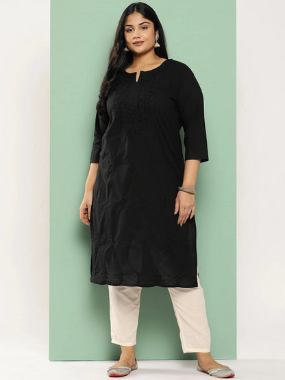 Plus Size Floral Straight Kurta-Yufta Store-1285PKURBK3XL