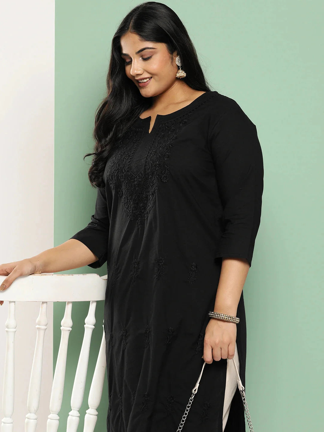 Plus Size Floral Straight Kurta-Yufta Store-1285PKURBK3XL