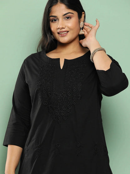 Plus Size Floral Straight Kurta-Yufta Store-1285PKURBK3XL