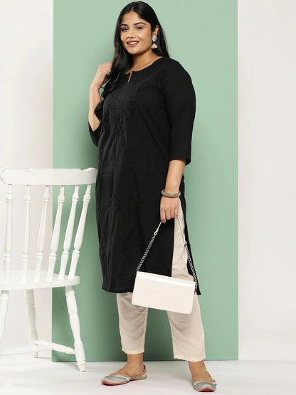 Plus Size Floral Straight Kurta-Yufta Store-1285PKURBK3XL