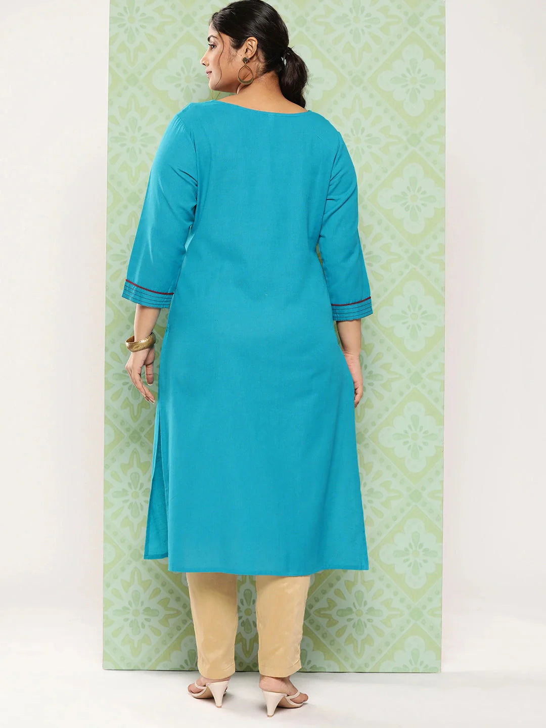 Plus Size Geometric Embroidered Kurta-Yufta Store-7259PKURRG3XL