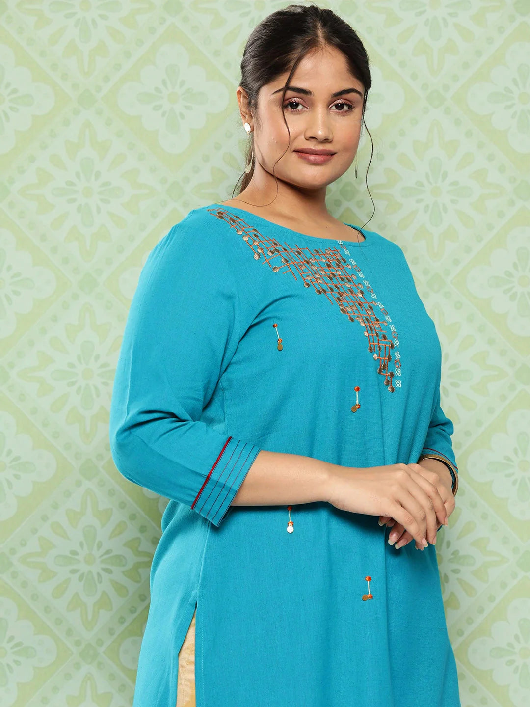 Plus Size Geometric Embroidered Kurta-Yufta Store-7259PKURRG3XL