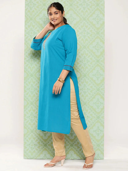 Plus Size Geometric Embroidered Kurta-Yufta Store-7259PKURRG3XL