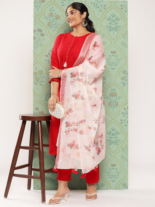 Plus Size Kantha Work Kurta with Trousers & Dupatta-Yufta Store-9879PSKDRD3XL