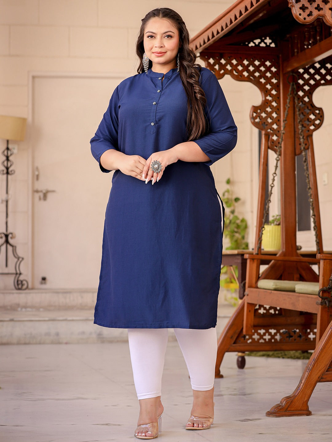 Plus Size Mandarin Collar Kurta-Yufta Store-1281PKURBL3XL