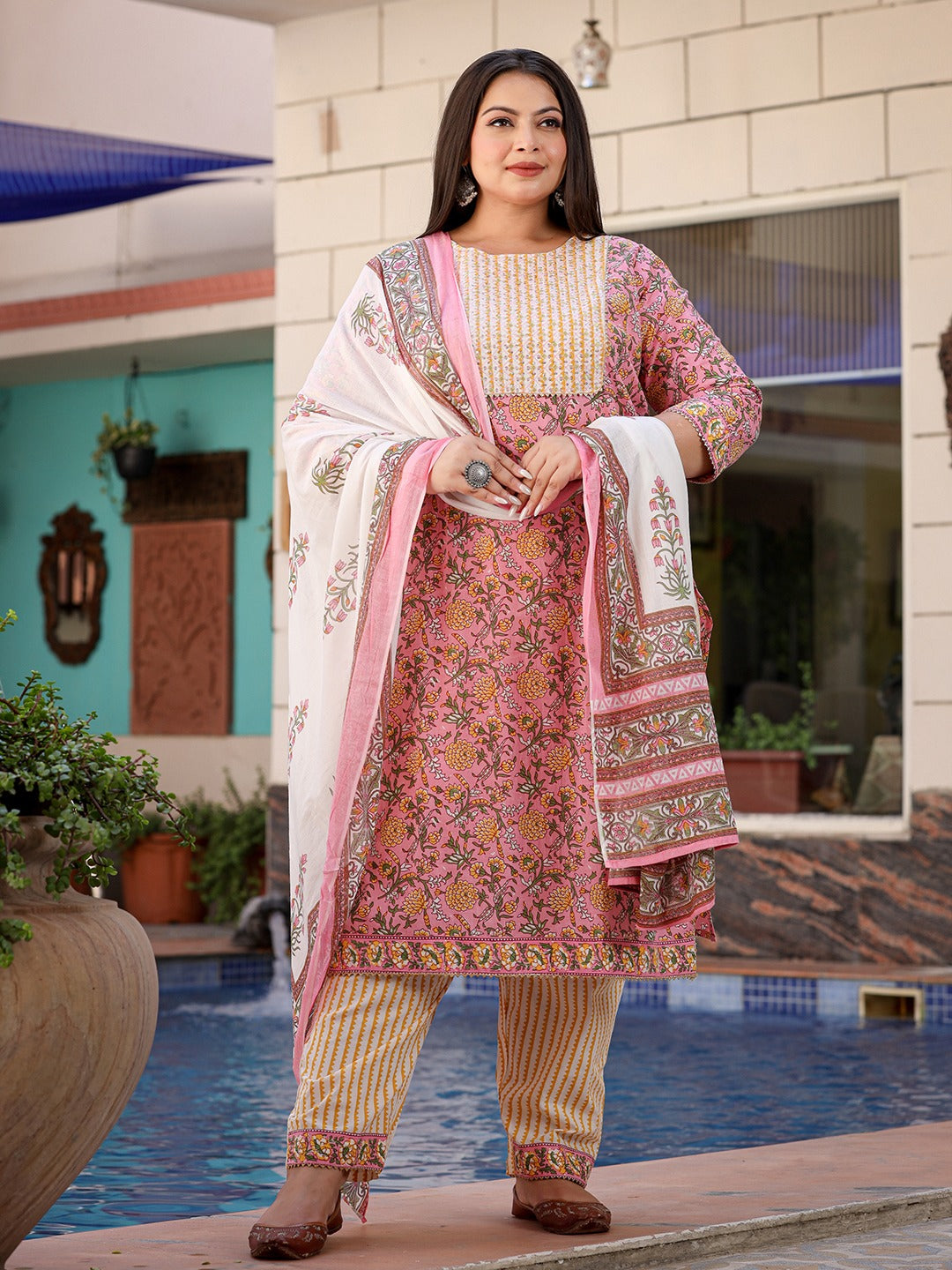 Plus Size Printed Cotton Kurta Dupatta Set-Yufta Store-9046PSKDPK3XL