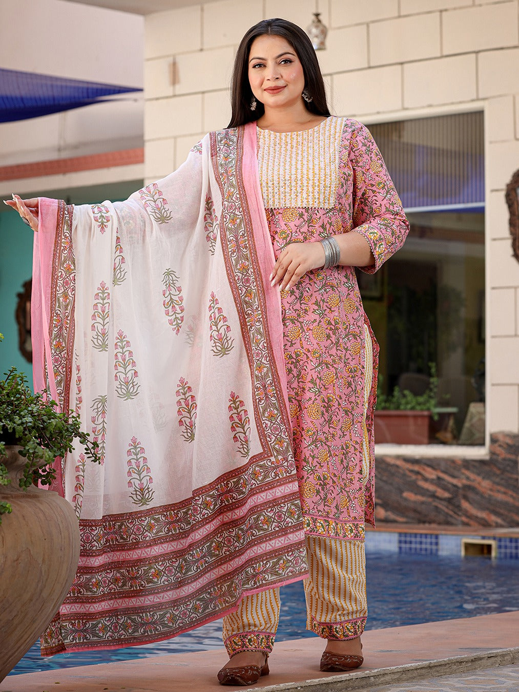 Plus Size Printed Cotton Kurta Dupatta Set-Yufta Store-9046PSKDPK3XL