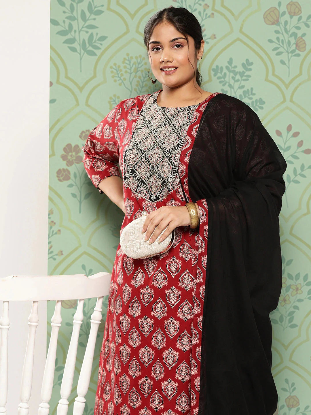 Plus Size Red Ethnic Motifs Printed Gotta Patti Cotton Kurta with Trousers & Dupatta-Yufta Store-1392PSKDRD3XL