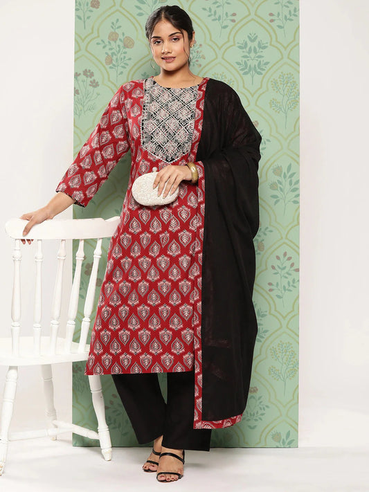 Plus Size Red Ethnic Motifs Printed Gotta Patti Cotton Kurta with Trousers & Dupatta-Yufta Store-1392PSKDRD3XL