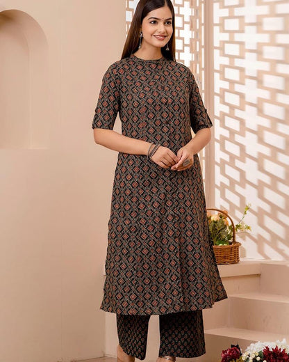 Premium Ajrakh Fine Cotton Kurti Set Orchids Boutique