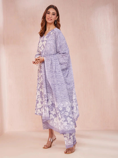 Purple And White Floral Print Lese Sleeves V-Neck Straight Kurta Trouser Set-Yufta Store-6862SKDPRS