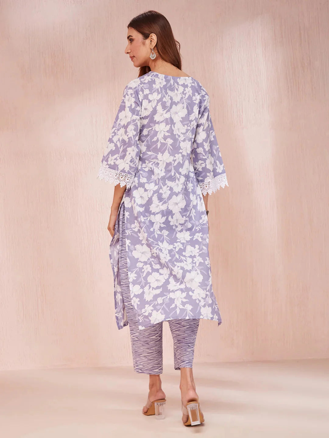 Purple And White Floral Print Lese Sleeves V-Neck Straight Kurta Trouser Set-Yufta Store-6862SKDPRS