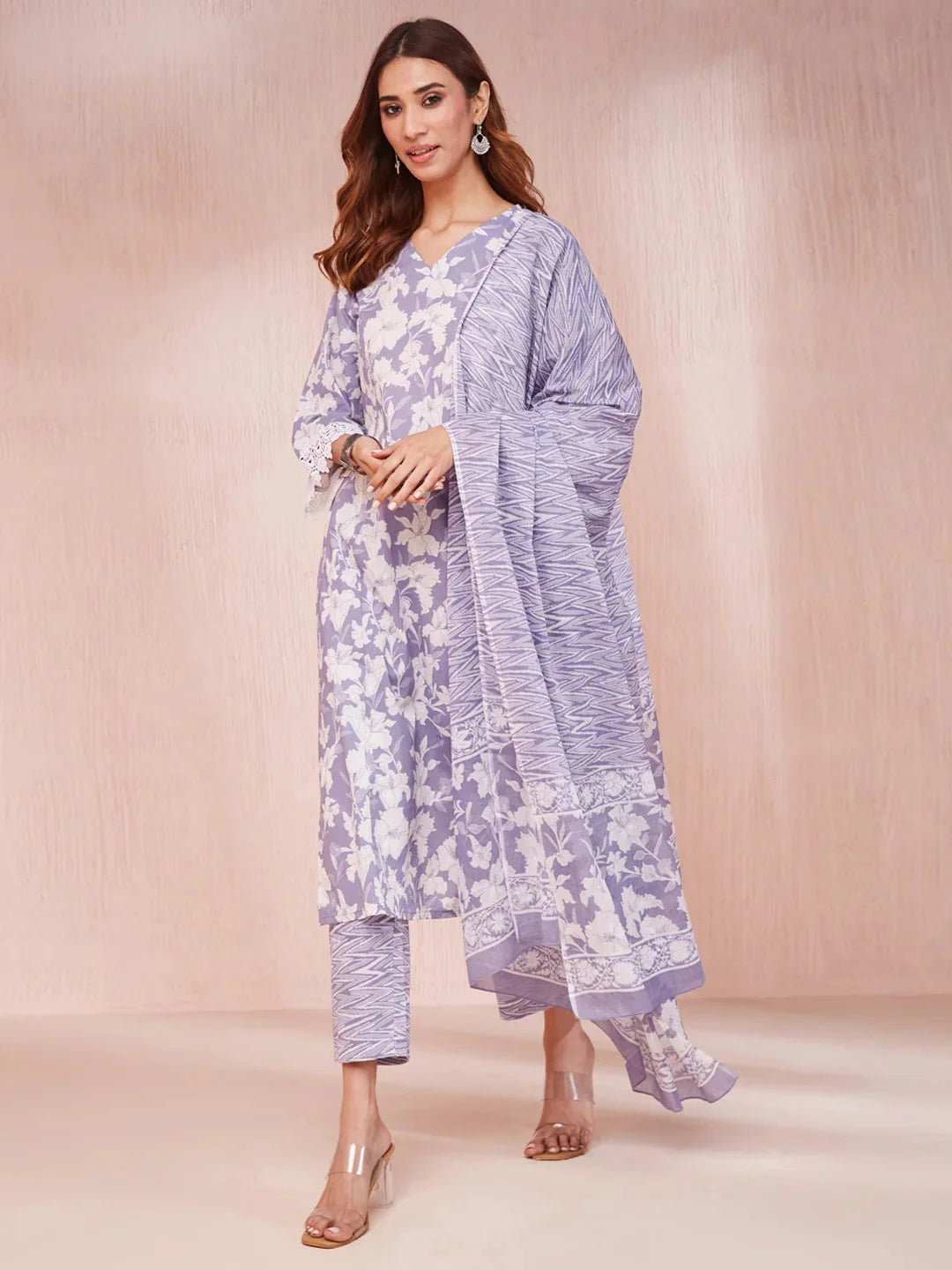 Purple And White Floral Print Lese Sleeves V-Neck Straight Kurta Trouser Set-Yufta Store-6862SKDPRS