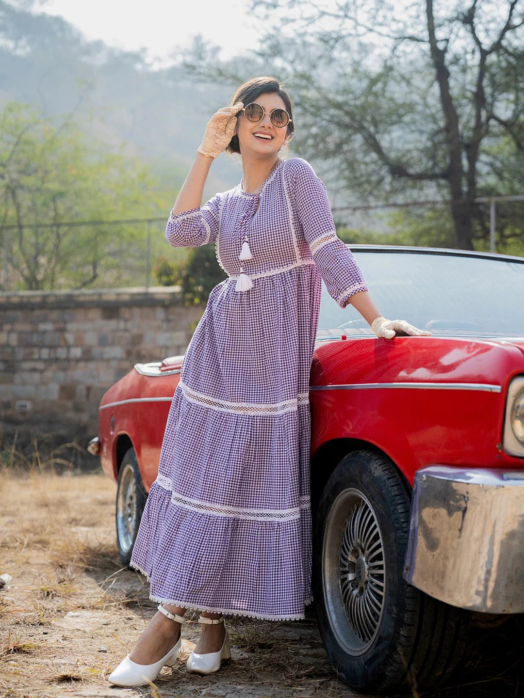 Purple Cotton Check Tiered Dress-Yufta Store-1799DRSPRS